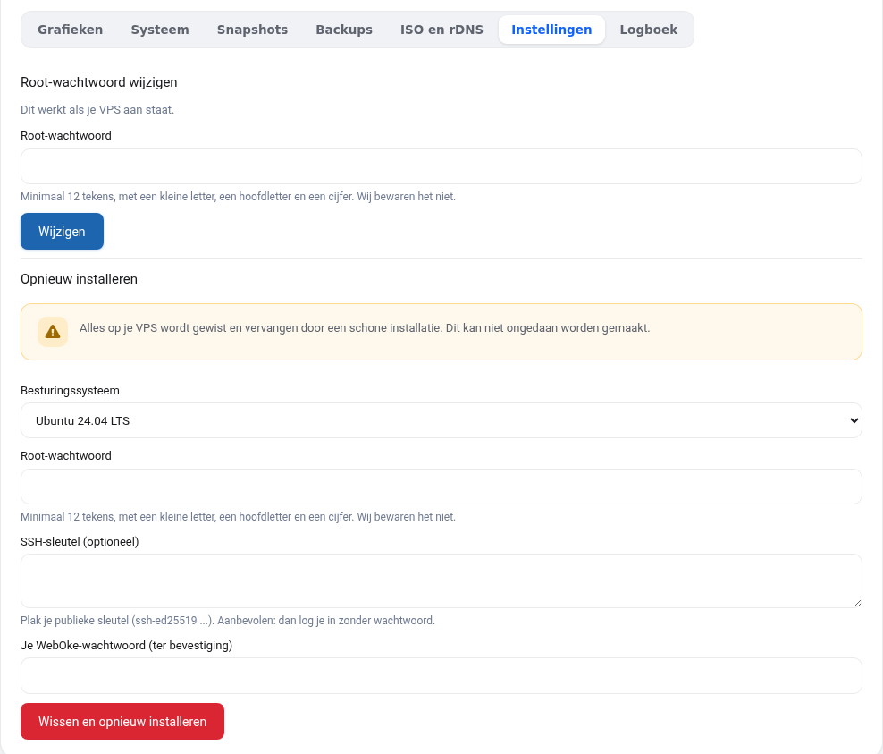 La scheda Impostazioni con la modifica della password di root e la reinstallazione