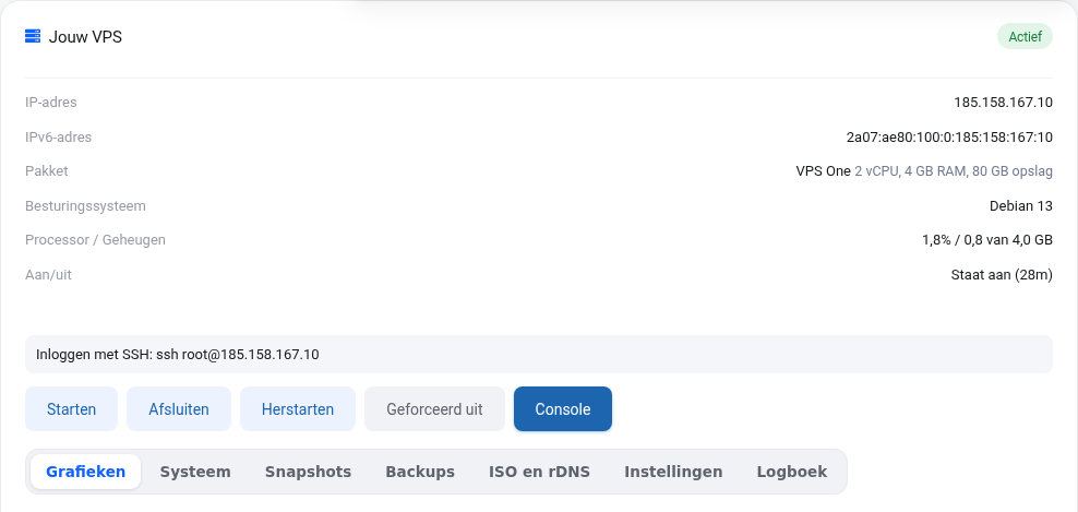La schermata VPS con la riga Accesso con SSH